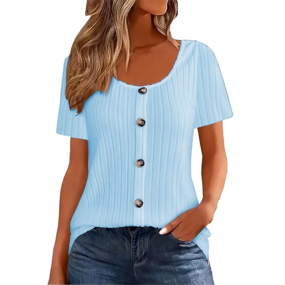 QQAMB Womens Tops Casual Summer Short Sleeve Cardigans Button Down Knitted Sweater Basic Crewneck Crop Tops Blue S