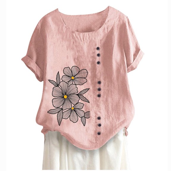 QQAMB Womens Tops Plus Size Crewneck Floral Printed Linen Shirts Loose Comfy Summer T-Shirts Pink 3XL