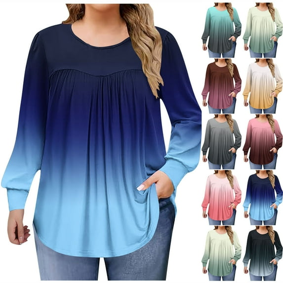 QQAMB Womens Tops Plus Size Crewneck Gradient Color Long Sleeve Shirts Tunics Fall Casual Pullover Loose Basic T-Shirt
