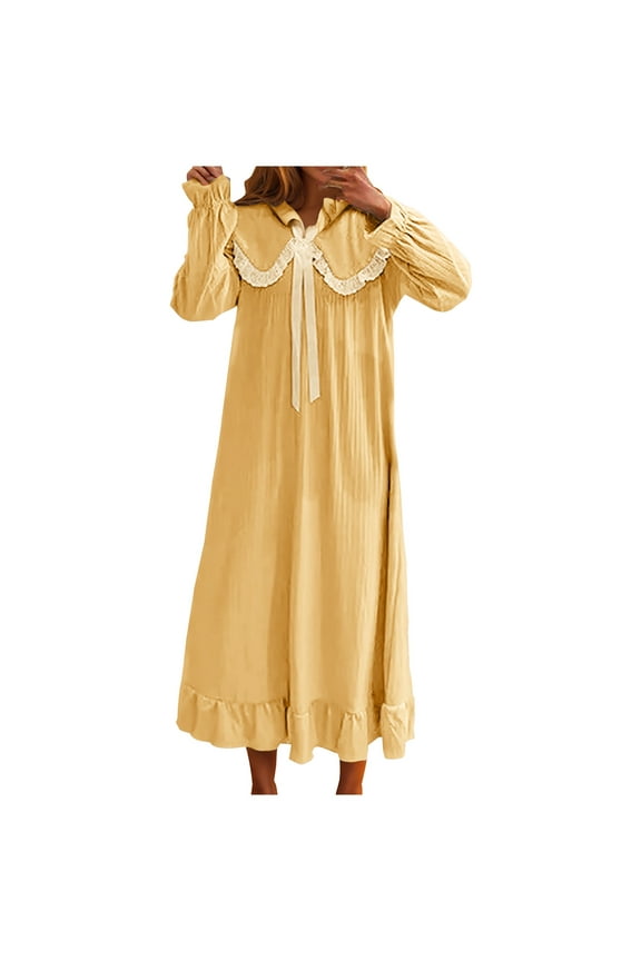 Womens Victorian Nightgown Doll Collar Long Sleeve Sleepwear Ruffle Hem Long Loungewear Vintage Casual Loose Dress Yellow L