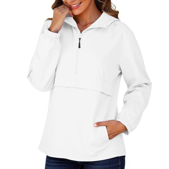 QQAMB Womens Waterproof Rain Jacket Lightweight Raincoat Packable Half Zipper Hooded Outdoor Windbreaker White S