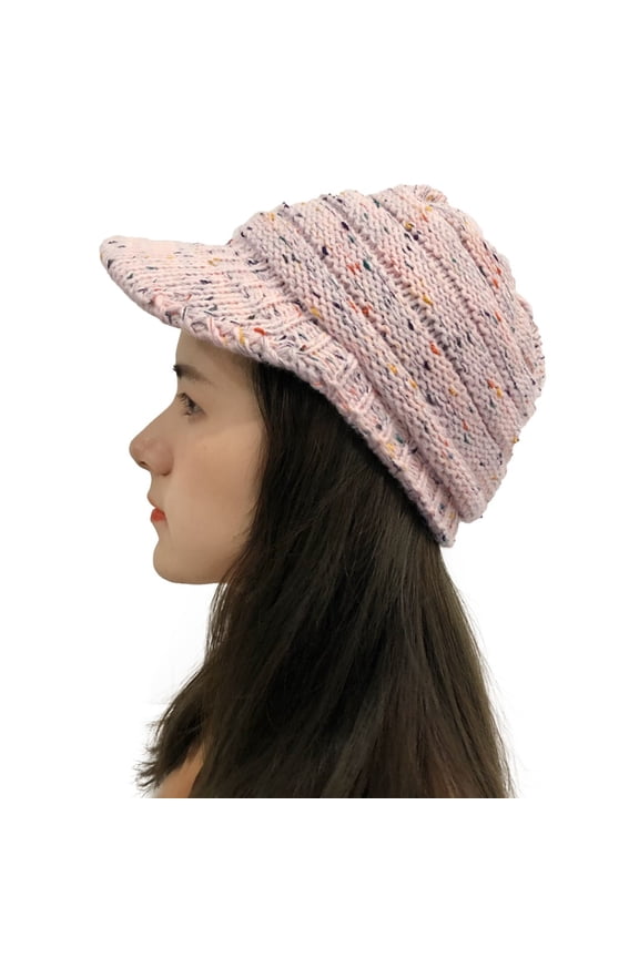 Womens Winter Crochet Knitted Beanie Visor Hat Thick Warm Knit Skull Cap Plus Velvet Outdoor Beanie with Brim