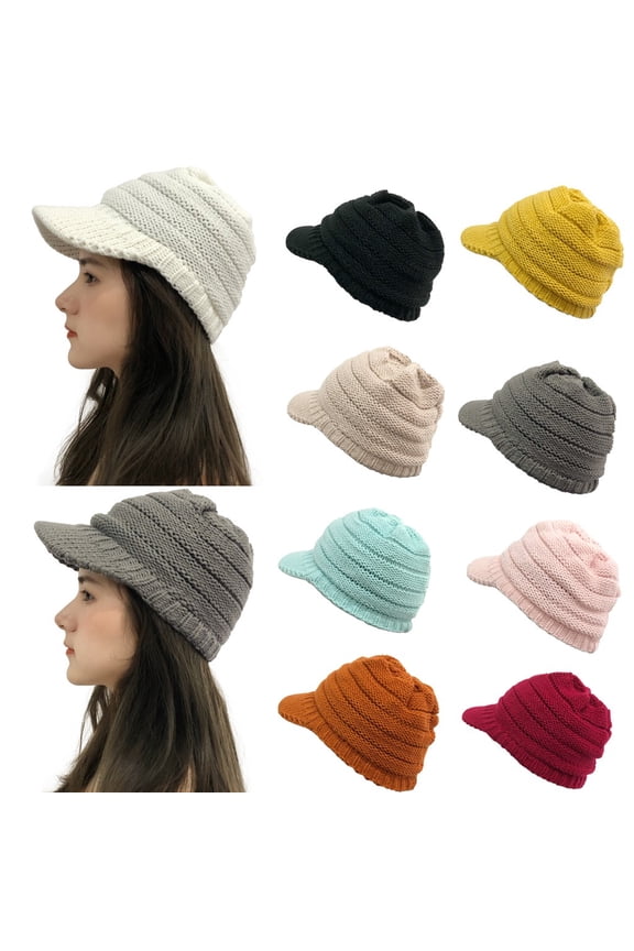 Womens Winter Crochet Knitted Beanie Visor Hat Thick Warm Knit Skull Cap Plus Velvet Outdoor Beanie with Brim