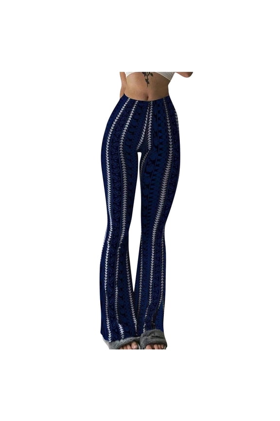 QQAMB Womens Yoga Pants High Elastic Waisted Flare Legging Printed Tummy Control Pants Seamless Workout Trousers Dark Blue M