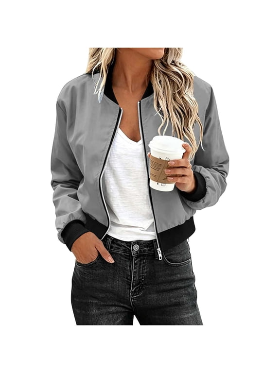 Cropped Full Zip Bomber Jacket For Women Waterproof Windbreak Lightweight Coat Baseball Outerwear With Pockets