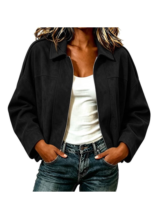 Suede Bomber Jacket For Women Full Zip Long Sleeve Lightweight Coat Fall Casual Baseball Outerwear With Pockets