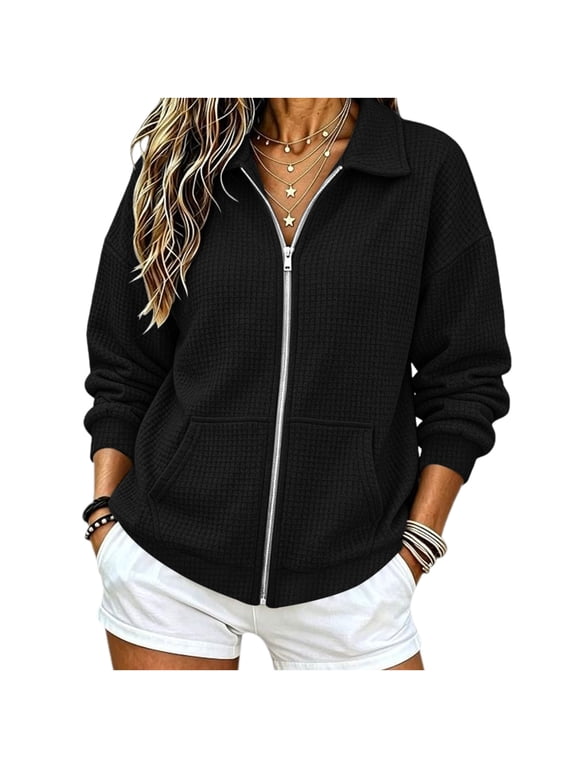 Waffle Jacket For Women Full Zip Lightweight Coat Fall Winter Warm Outerwear With Pockets