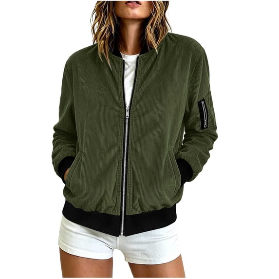QQNHM Womens Corduroy Bomber Jacket Full Zipper Long Sleeve Lightweight Coat Fall Casual Baseball Outerwear