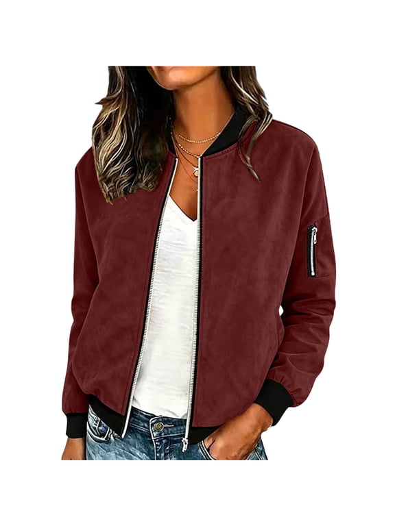 Womens Suede Bomber Jacket Full Zip Long Sleeve Lightweight Coat Baseball Fall Casual Outerwear With Pockets