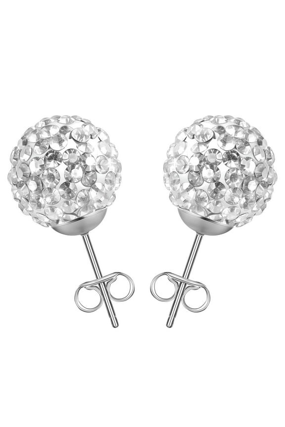 1 Pair Stainless Steel Sparkle Crystal Ball Stud Earrings for Women Ear Piercing-White Crystal-12mm