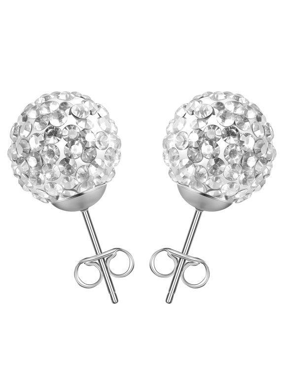 1 Pair Stainless Steel Sparkle Crystal Ball Stud Earrings for Women Ear Piercing-White Crystal-6mm