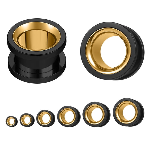 QQTDFG 1 Pair Surgical Steel Double Flared Tunnel Ear Gauge Piercing Stretchers Jewelry-Black&Gold-16mm