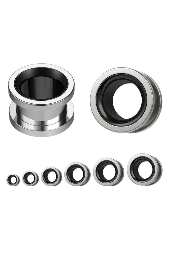 1 Pair Surgical Steel Double Flared Tunnel Ear Gauge Piercing Stretchers Jewelry-Silver&Black-6mm