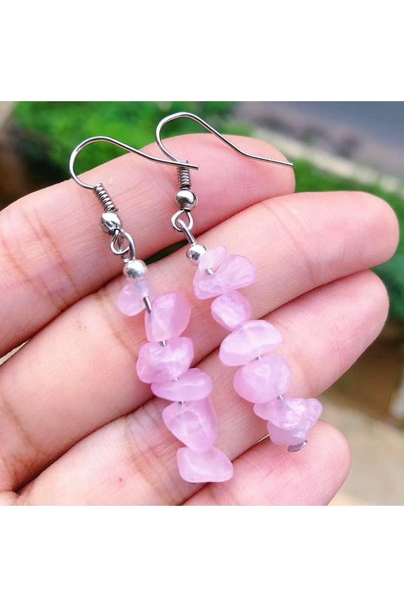 1 Pairs Natural Rose Quartz Dangle Earrings Drop Hook Chakra Gemstone Chip Set-default