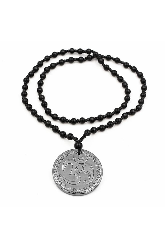 1 Pc Om Yoga Symbol Reiki Energy Symbol Black Hematite Stone Pendant Necklace-default