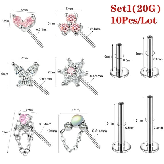 QQTDFG 10 Pcs/Lot Surgical Steel Labret Lip Rings Accessories Top with Base Jewelry Kit-Set 1 (20G)