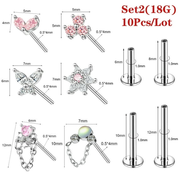 QQTDFG 10 Pcs/Lot Surgical Steel Labret Lip Rings Accessories Top with Base Jewelry Kit-Set 2 (18G)