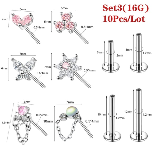 QQTDFG 10 Pcs/Lot Surgical Steel Labret Lip Rings Accessories Top with Base Jewelry Kit-Set 3 (16G)