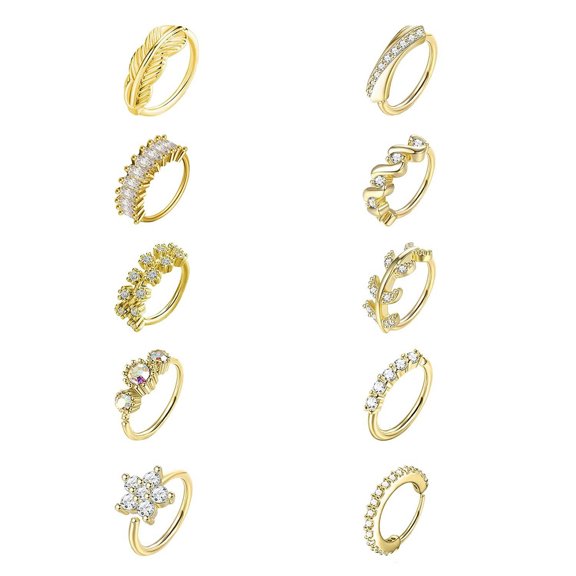 QQTDFG 10Pcs/Lot 20G Copper Nose Ring Set CZ Septum Piercing Cartilage Earrings Jewelry-Gold
