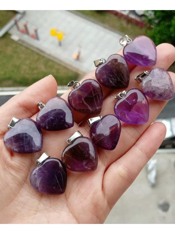 10pcs Amethyst Gems stone Heart Pendants Chakra Reiki Healing Amulet-default