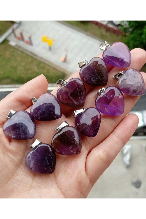 10pcs Amethyst Gems stone Heart Pendants Chakra Reiki Healing Amulet-default