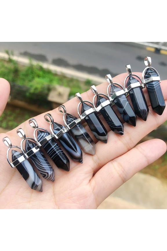 10pcs Black Agate Gems Stone Hexagon Point Pendant Chakra Reiki Healing Amulet-default