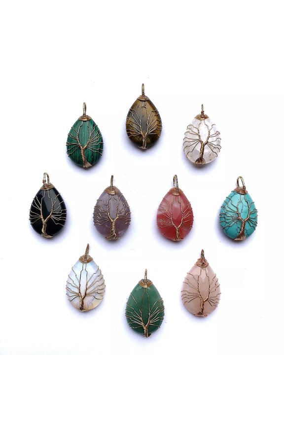10pcs Mix Gemstone Tree Of Life Pendants Water-drop Chakra Reiki Healing Amulet-default