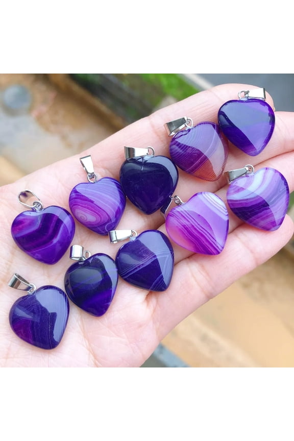 10pcs Purple Agate Gems Stone Heart Pendants Chakra Reiki Healing Amulet-default