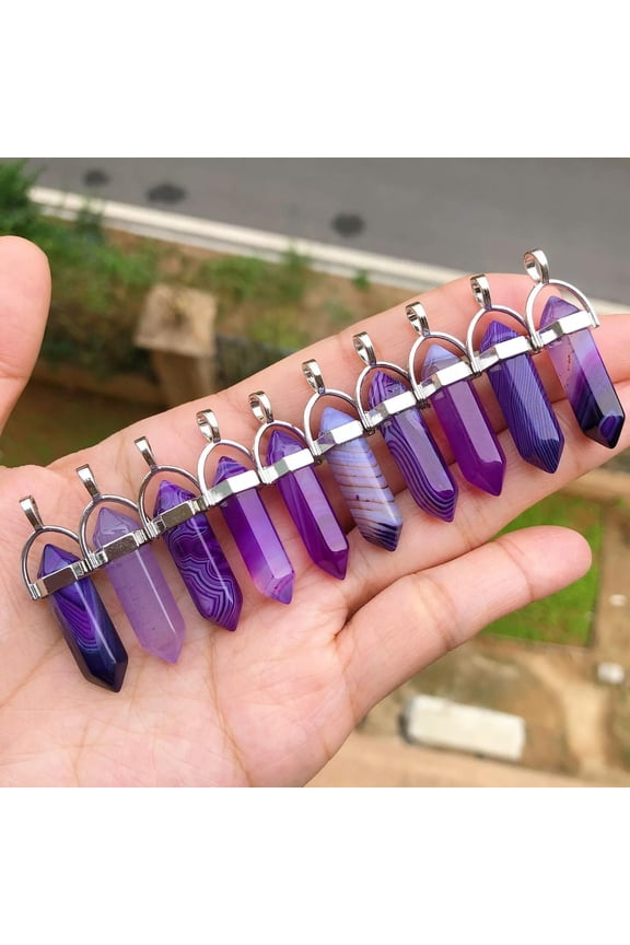10pcs Purple Agate Stone Hexagon Point Pendant Chakra Reiki Healing Amulet-default