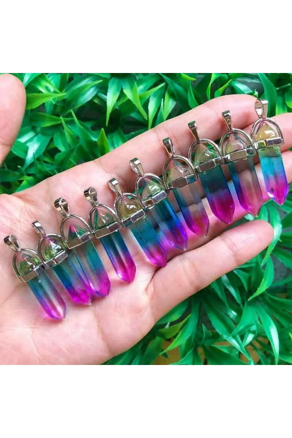 10pcs Rainbow Glass Hexagon Gemstone Natural Point Crystal Healing bead Pendant-default