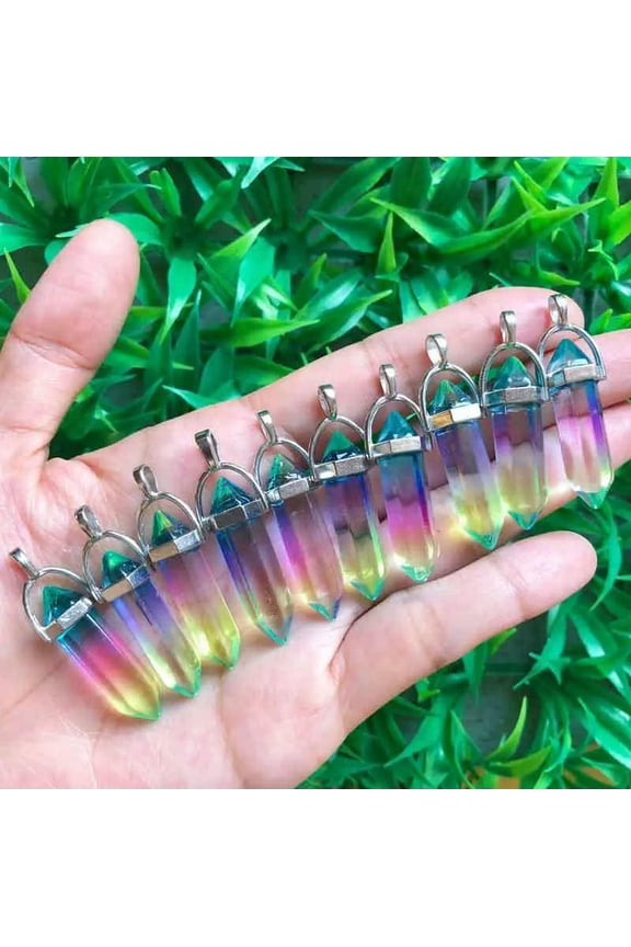10pcs Rainbow Glass Natural Hexagon bead Point Healing Pendant Crystal Gemstone-default