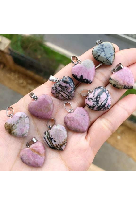 10pcs Rhodonite Gems stone Heart Pendants Chakra Reiki Healing Amulet-default