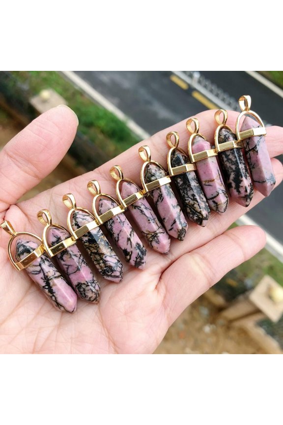 10pcs Rhodonite Stone Hexagon Point Pendant Chakra Reiki Healing Amulet-default