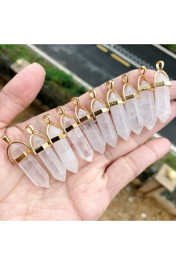 10pcs Rock Quartz Stone Hexagon Point Pendant Chakra Reiki Healing Amulet-default