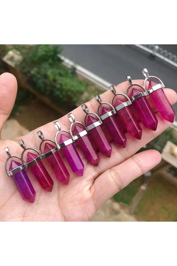 10pcs Rose Red Quartz Stone Hexagon Point Pendant Chakra Reiki Healing Amulet-default