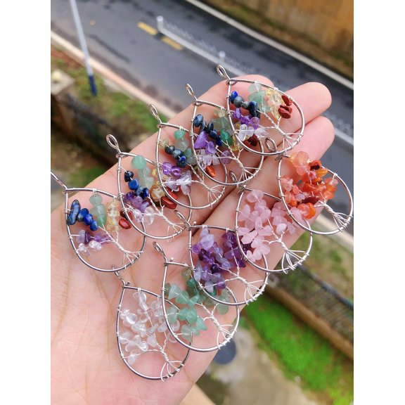 QQTDFG 10pcs/set Yoga 7 Charka Stone Gems Tree Of Life Pendants Reiki Healing Amulet-default