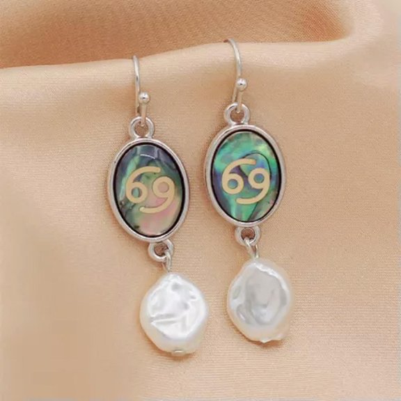 QQTDFG 12 Constellation Earring Natural Abalone Shell Pearl Silver Tone Dangle Earrings-Cancer