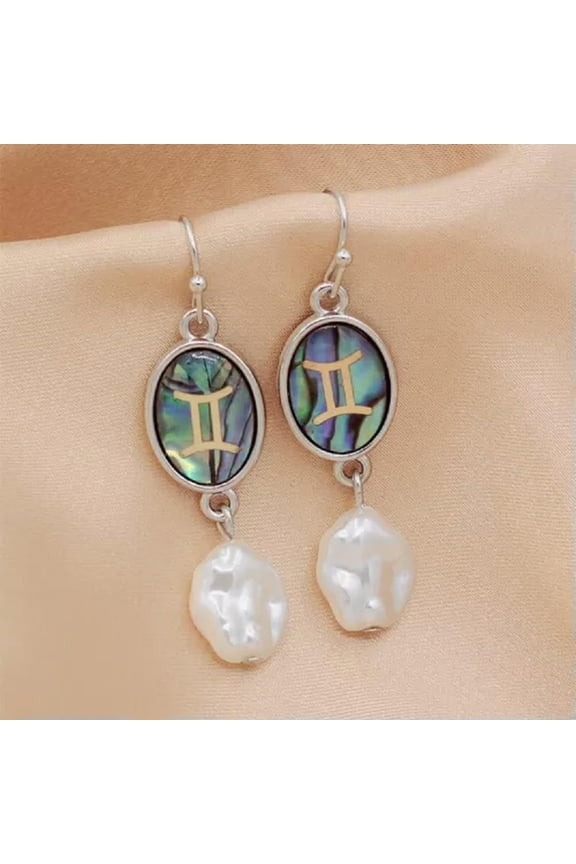12 Constellation Earring Natural Abalone Shell Pearl Silver Tone Dangle Earrings-Gemini