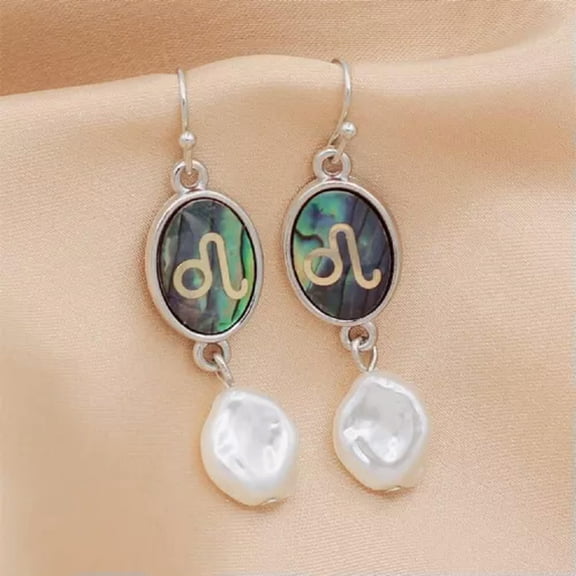 QQTDFG 12 Constellation Earring Natural Abalone Shell Pearl Silver Tone Dangle Earrings-Leo