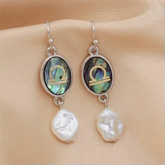 QQTDFG 12 Constellation Earring Natural Abalone Shell Pearl Silver Tone Dangle Earrings-Libra