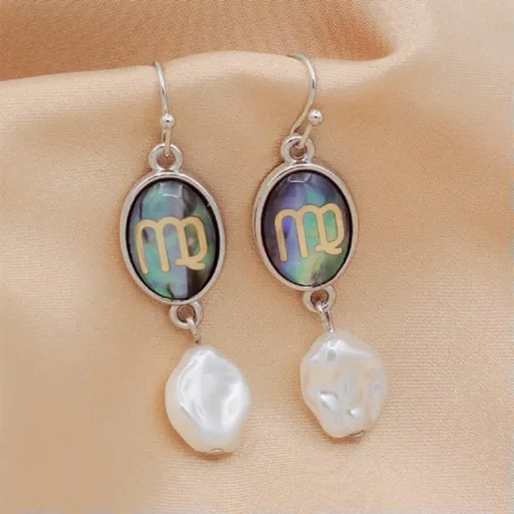 QQTDFG 12 Constellation Earring Natural Abalone Shell Pearl Silver Tone Dangle Earrings-Virgo