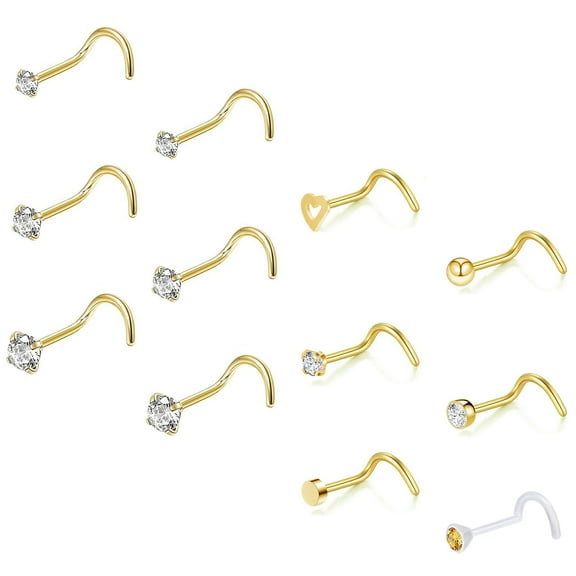 QQTDFG 12Pcs/lot 20g Gold Surgical Steel Nose Stud Set CZ Crystal Nose Piercing Jewelry-S Shape
