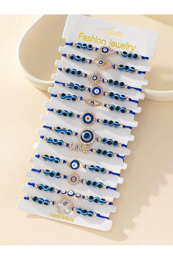 12pcs/set Alloy & Rhinestone Decor Evil Eye Friendship Adjustable Bracelet-default