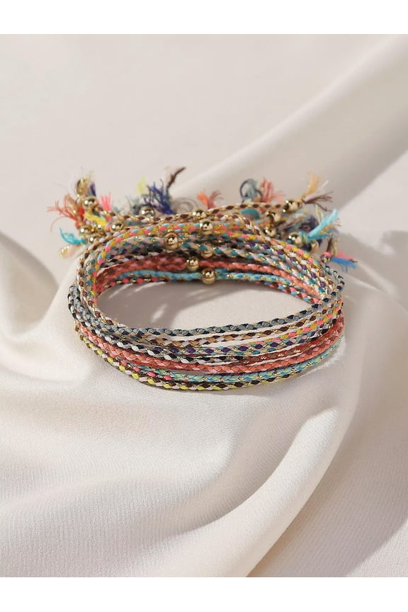 12pcs/set Bohemian Style Colorful Silk Adjustable Rope Bracelet-default