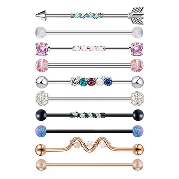 QQTDFG 14G Stainless Steel Long Industrial Barbell Set CZ Industrial Piercing Jewelry-Set E-10pcs