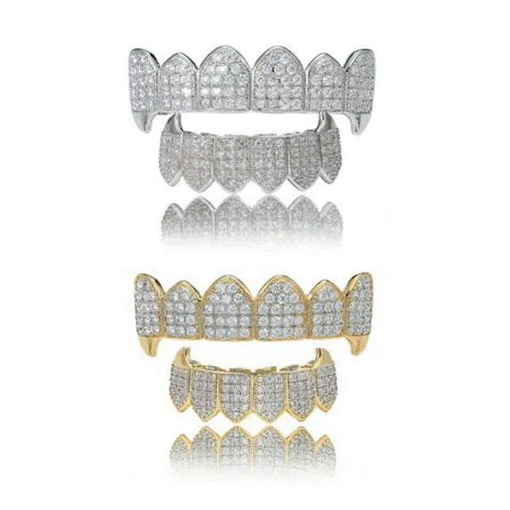 QQTDFG 14K Gold Plated CZ Teeth Grillz Hip Hop Top Bottom Mouth Silver Grill Set Custom-Style A-Silver-Top