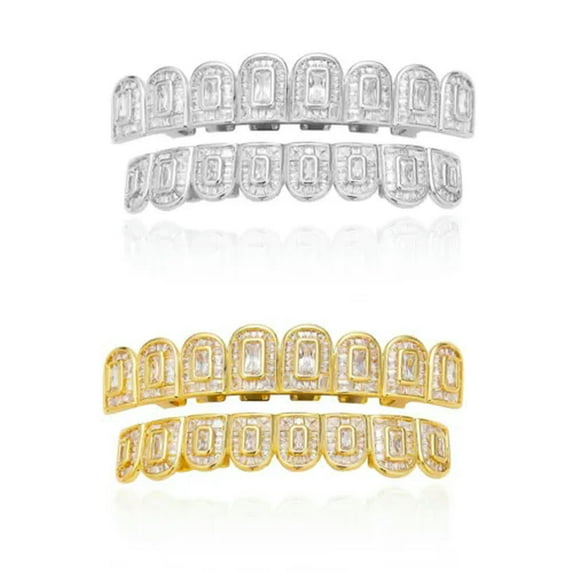 QQTDFG 14K Gold Plated CZ Teeth Grillz Hip Hop Top Bottom Mouth Silver Grill Set Custom-Style F-Gold-Bottom