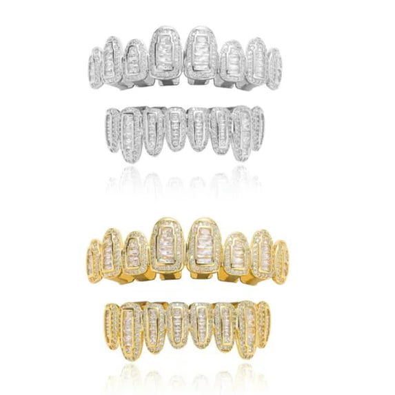 QQTDFG 14K Gold Plated CZ Teeth Grillz Hip Hop Top Bottom Mouth Silver Grill Set Custom-Style G-Gold-Top