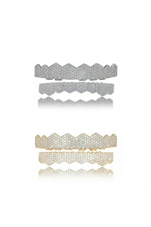 14K Gold Plated CZ Teeth Grillz Hip Hop Top Bottom Mouth Silver Grill Set Custom-Style K-Gold-Top+Bottom