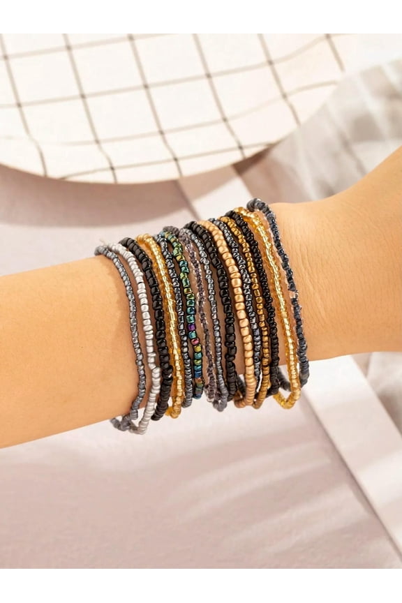 15pcs Black Beaded Stacking Bracelet Set With Gold-tone Chain-default